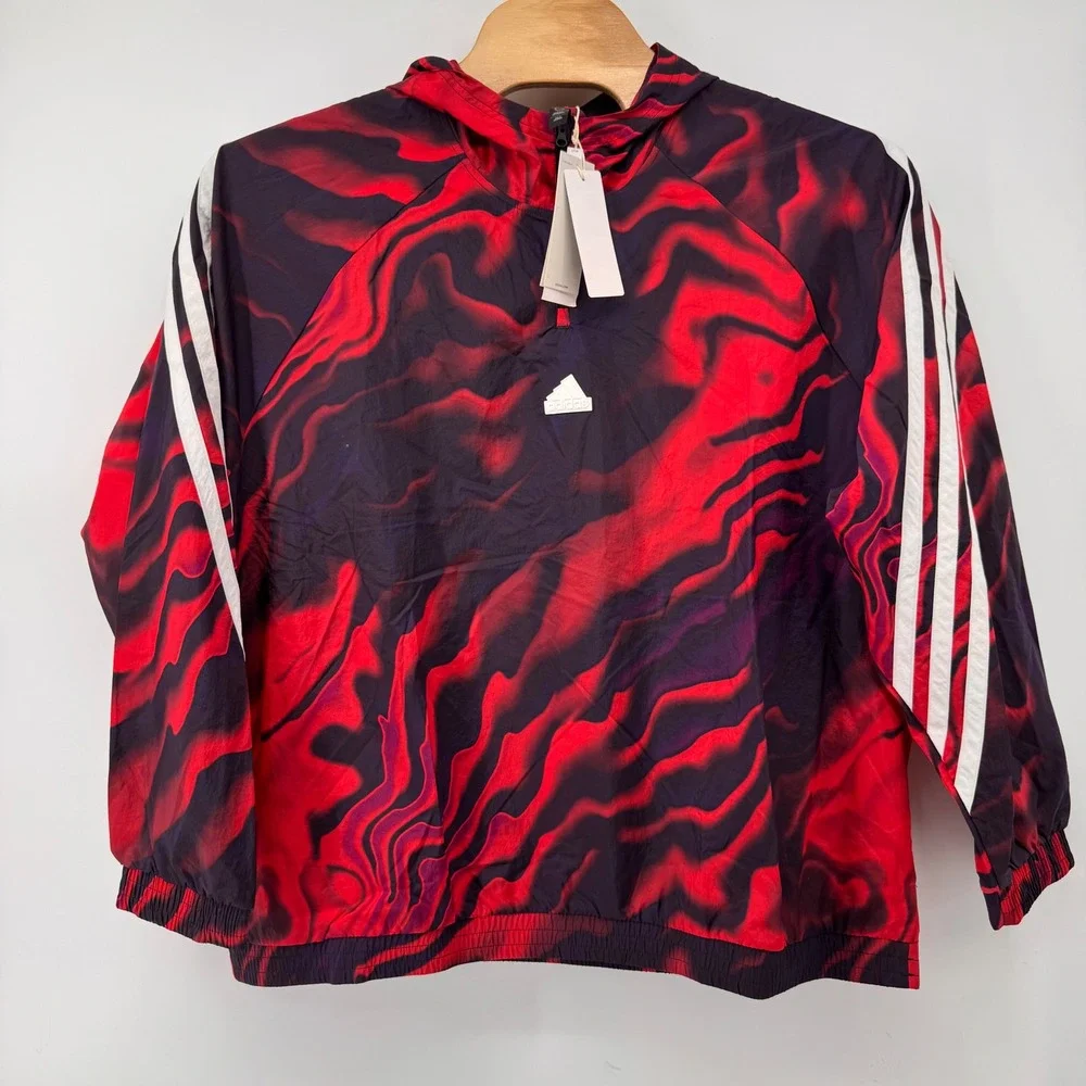 Adidas Hooded Sweatshirt Mens 2XL Red Black Marbled Quarter Zip IC3708 Loose Fit